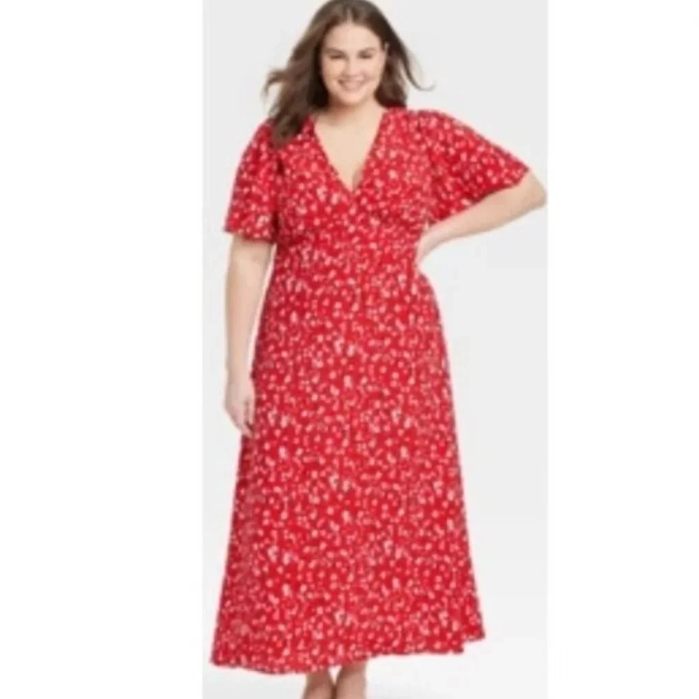A New Day Red Floral with White Pink Black Maxi Midi Flutter Dress NWT 24 - Picture 1 of 2